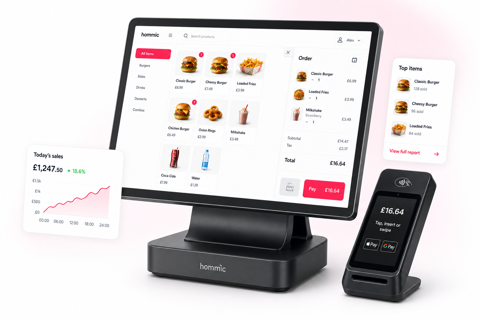 Hommic POS terminal, payment reader, sales chart and top-item cards